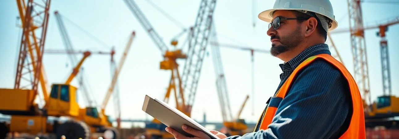 Evaluate NVQ Level 4 Crane supervisor answers with a professional overseeing a busy construction site.