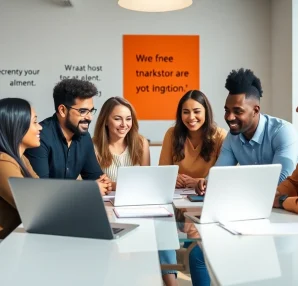 Engaged digital marketing team collaborating at https://cedric-riley.metadesigndemos.com in a bright office environment.