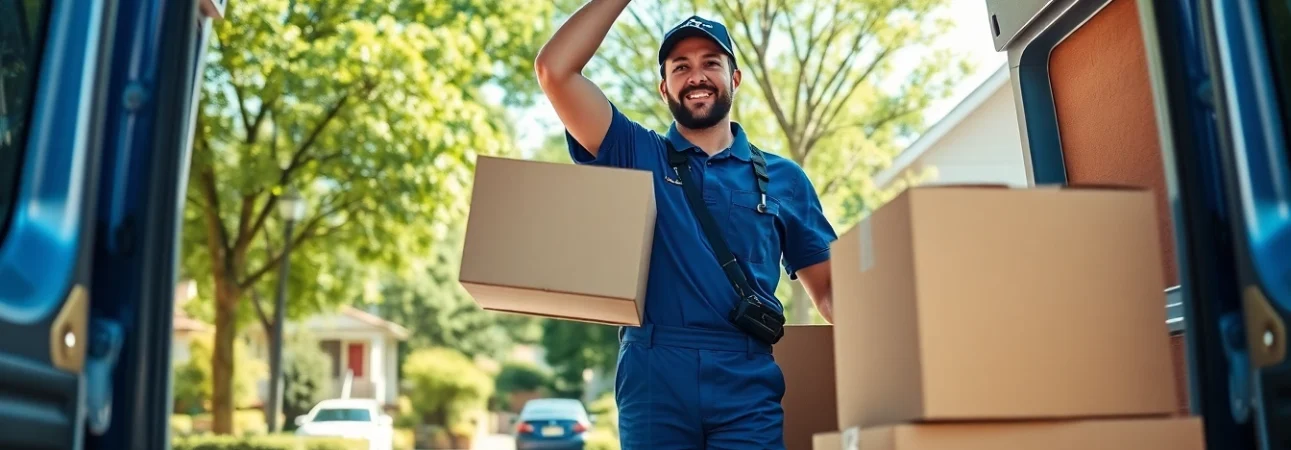 Man and van moving service showing a worker lifting boxes into a van in a friendly neighborhood.