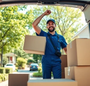 Man and van moving service showing a worker lifting boxes into a van in a friendly neighborhood.
