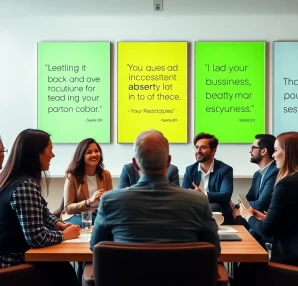 Engaged team discussing business quotes in a modern office setting