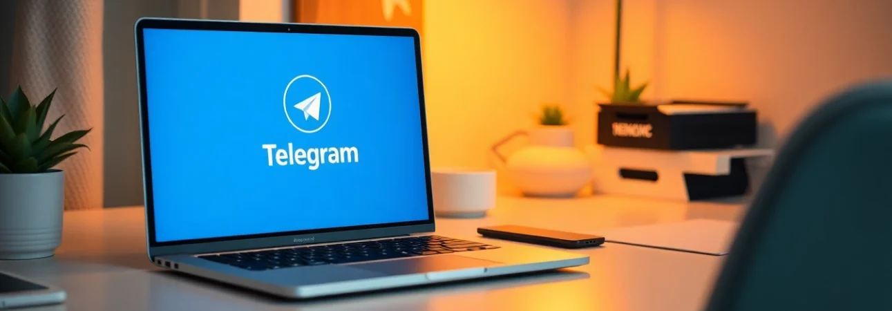 Interact with Telegram電腦版 on a stylish laptop in a cozy workspace setting.