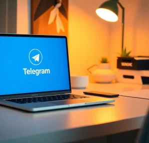 Interact with Telegram電腦版 on a stylish laptop in a cozy workspace setting.