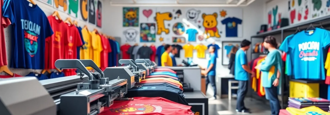 Designing custom t shirts at a vibrant printing shop in Edmonton with colorful clothing.
