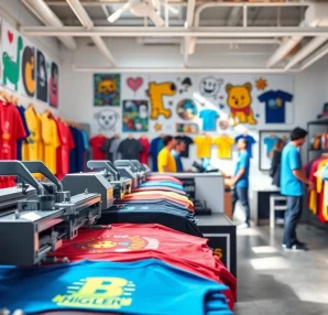 Designing custom t shirts at a vibrant printing shop in Edmonton with colorful clothing.