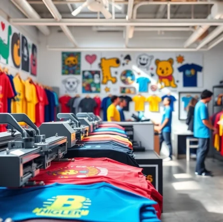 Designing custom t shirts at a vibrant printing shop in Edmonton with colorful clothing.