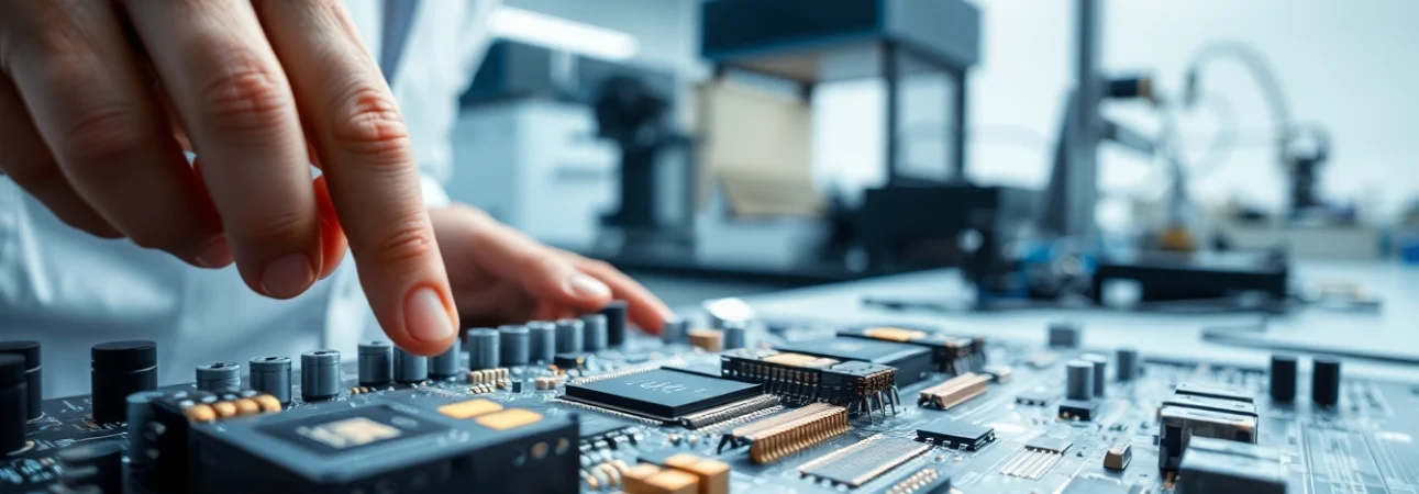 Inspecting advanced MICROCHIPS on a circuit board in a high-tech lab environment.
