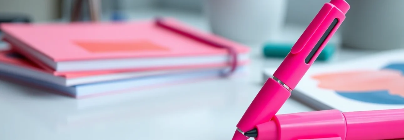 Enhance your notes with a vibrant pink highlighter pen in a stylish workspace.