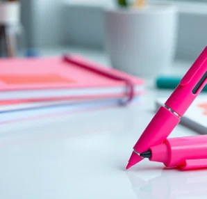 Enhance your notes with a vibrant pink highlighter pen in a stylish workspace.