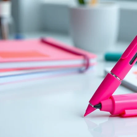 Enhance your notes with a vibrant pink highlighter pen in a stylish workspace.