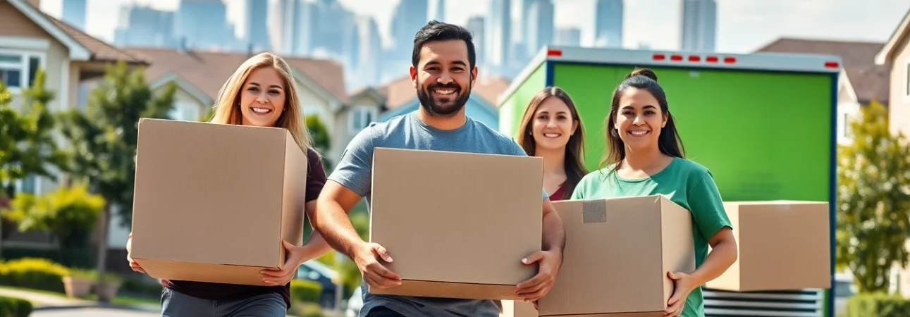 Moving company Canada team efficiently carrying boxes in a vibrant neighborhood, showcasing reliability.