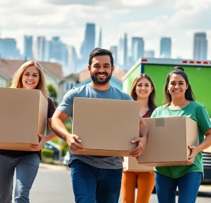 Moving company Canada team efficiently carrying boxes in a vibrant neighborhood, showcasing reliability.