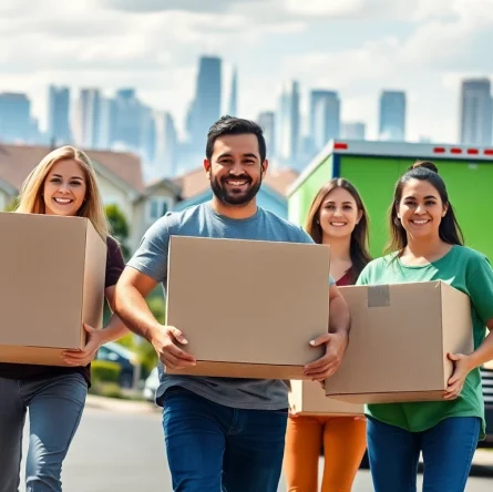 Moving company Canada team efficiently carrying boxes in a vibrant neighborhood, showcasing reliability.