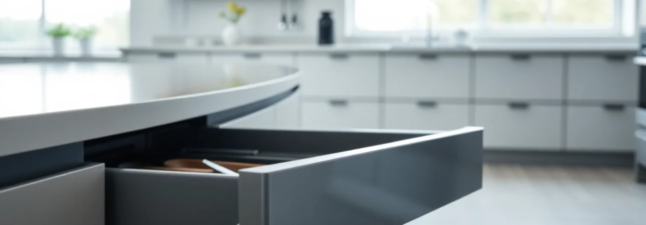 Showcase slim box drawer system with sleek design and soft-close feature in a modern kitchen.