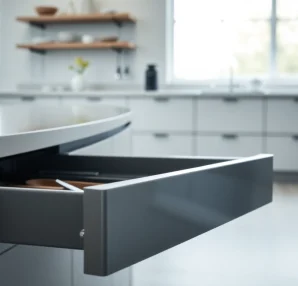 Showcase slim box drawer system with sleek design and soft-close feature in a modern kitchen.