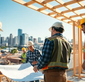 Workers engaging in austin construction activities on a bright and busy site.