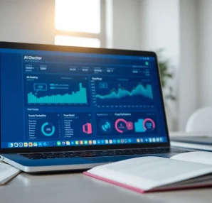 AI checker interface on a modern laptop analyzing text, enhancing productivity.