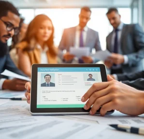 Streamlined document verification process showcasing team reviewing identity documents for authenticity.
