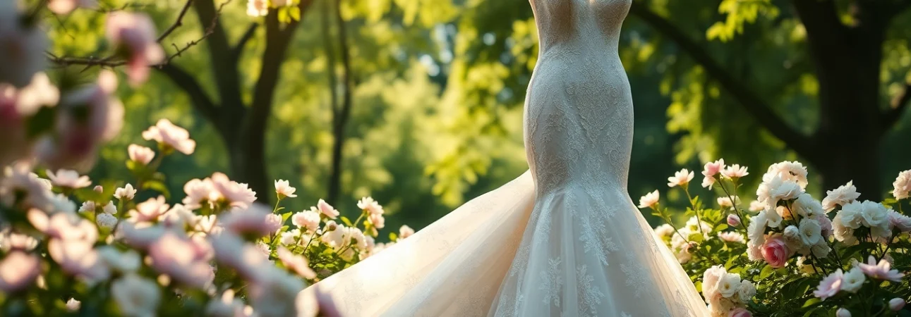 Brides embracing elegant Mermaid Wedding Dresses in a romantic garden setting, radiating beauty.