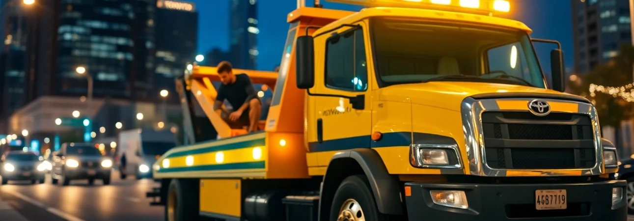 Reliable towing service in Toronto with a professional tow truck at night in an urban setting.
