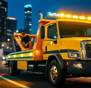 Reliable towing service in Toronto with a professional tow truck at night in an urban setting.
