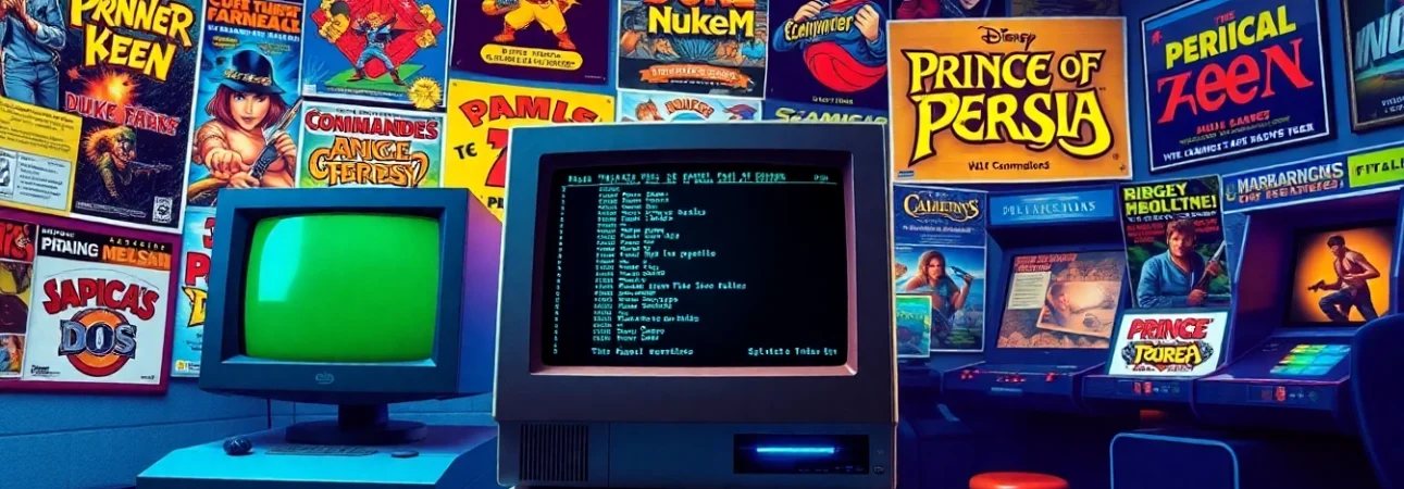 Download DOS games download with vintage gaming setup and classic title covers in the background.