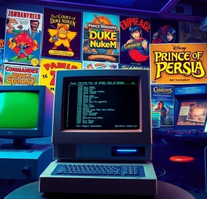 Download DOS games download with vintage gaming setup and classic title covers in the background.