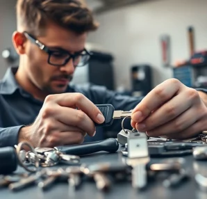 Man replacing replacement car keys in a locksmith workshop with cutting tools and keys visible.