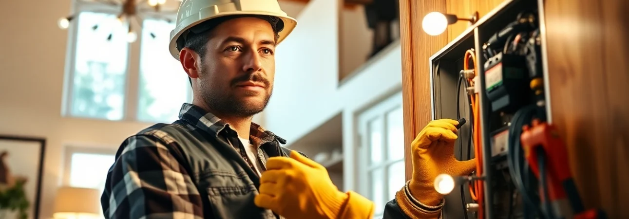Electrician working professionally on a residential electrical panel, showcasing expertise and tools.
