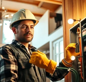 Electrician working professionally on a residential electrical panel, showcasing expertise and tools.