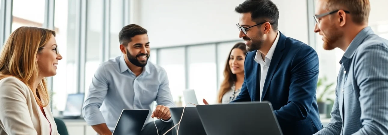 Managed IT provider team collaborating in a bright, modern office for strategic solutions.