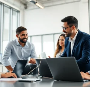 Managed IT provider team collaborating in a bright, modern office for strategic solutions.