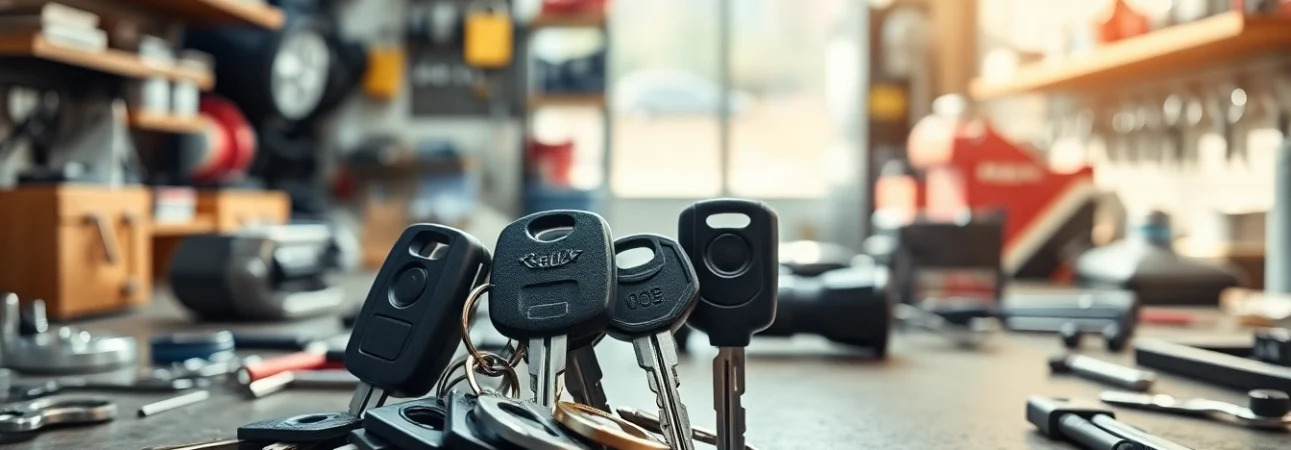 Explore high-quality van keys displayed on a workbench amid locksmith tools and equipment.