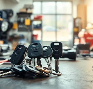 Explore high-quality van keys displayed on a workbench amid locksmith tools and equipment.