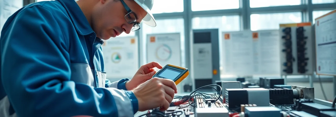 Technician conducting Electrical Equipment Testing on a circuit board with precision tools.