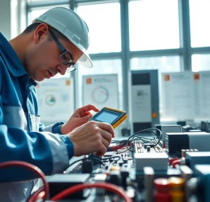 Technician conducting Electrical Equipment Testing on a circuit board with precision tools.