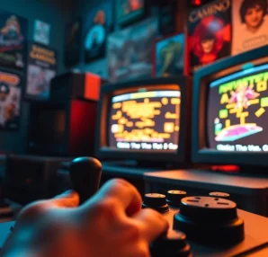 Play classic dos games online with a vintage computer setup showcasing nostalgic gaming elements.