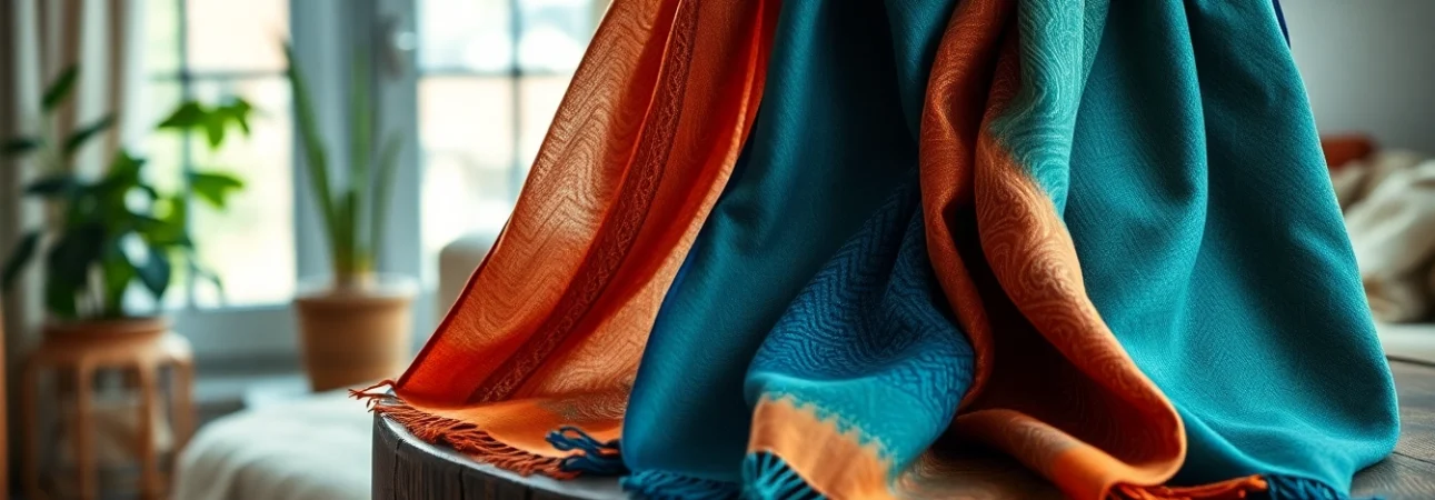 Wrap yourself in vibrant vela scarves showcasing intricate designs against a rustic table.