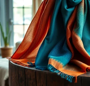 Wrap yourself in vibrant vela scarves showcasing intricate designs against a rustic table.