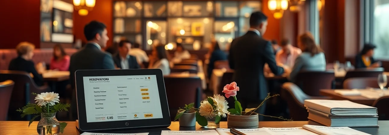 Showcasing Reservation Services at a busy restaurant with an organized desk and cheerful atmosphere.