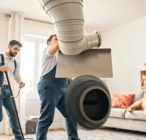 Technicians providing dryer vent cleaning services near me for a cozy home.