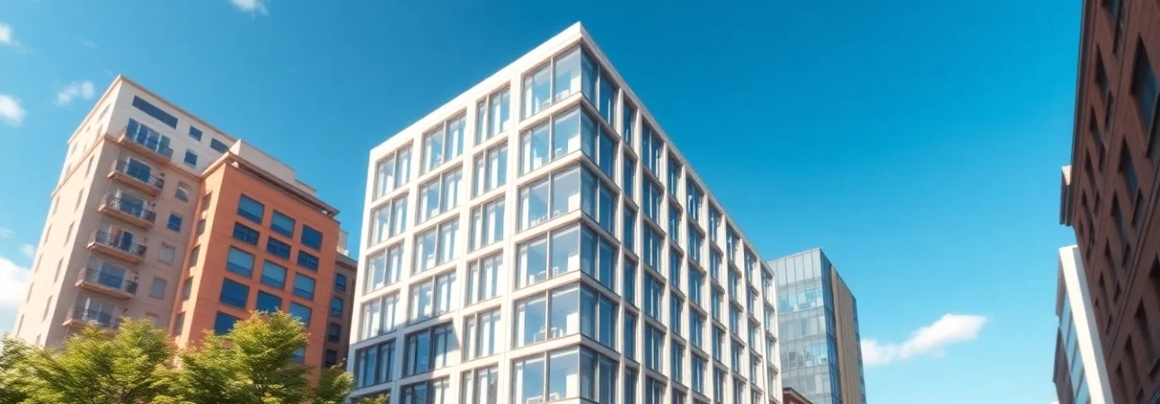 Visualisierung Architektur in modernem Stadtsetting mit lebhaftem Ambiente und realistischer Detailtreue.