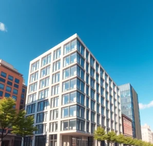 Visualisierung Architektur in modernem Stadtsetting mit lebhaftem Ambiente und realistischer Detailtreue.