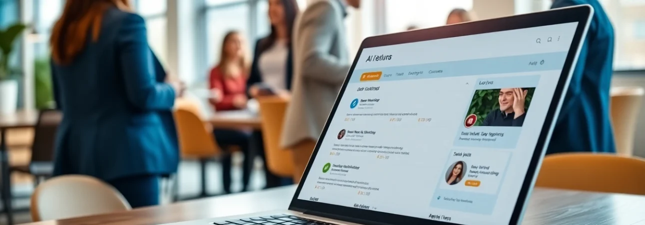 Job seeker actively using an AI Job matching tool on a laptop in a modern office environment.