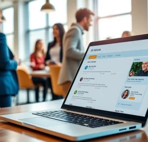 Job seeker actively using an AI Job matching tool on a laptop in a modern office environment.