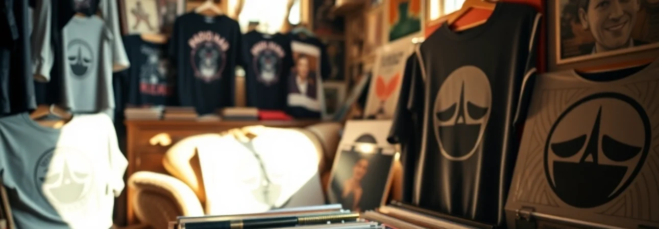 Shop unique and vibrant Radiohead merch, including t-shirts and vinyl records displayed in a cozy setting.