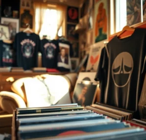 Shop unique and vibrant Radiohead merch, including t-shirts and vinyl records displayed in a cozy setting.