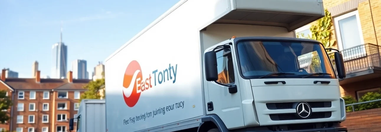 Moving truck from a removal company East London parked in a vibrant urban neighborhood.