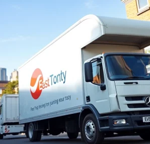 Moving truck from a removal company East London parked in a vibrant urban neighborhood.