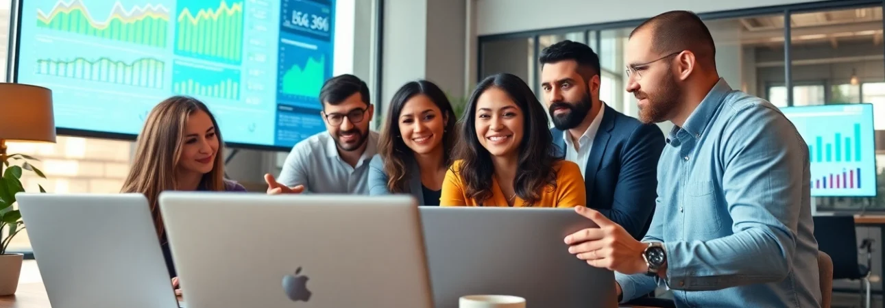 Dynamic view of a marketing team at http://Avtales.com analyzing data and collaborating in a modern office.